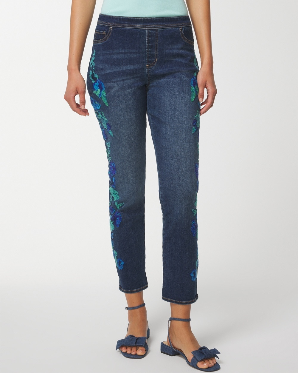Perfect Stretch Floral-Embroidered Pull-On Girlfriend Ankle Jeans
