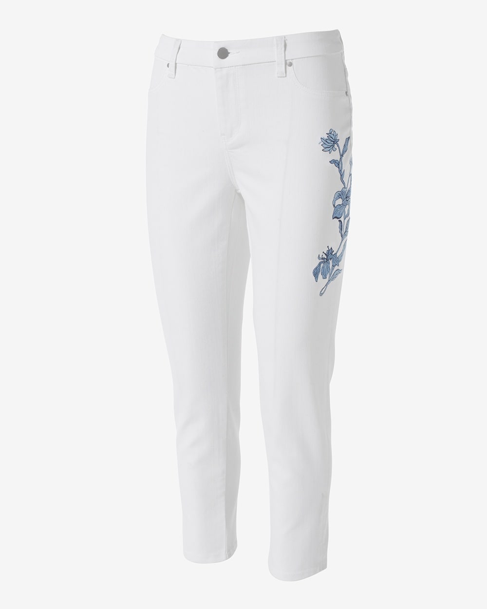 Blue Floral Embroidery Girlfriend Ankle Jeans