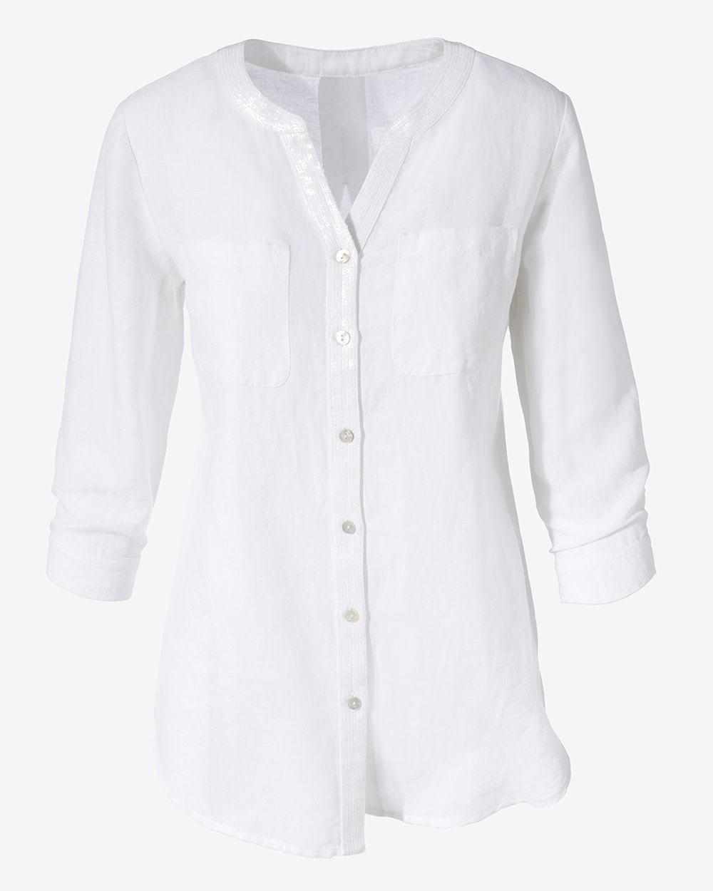 Sequin Trim Linen Button-Down Tunic
