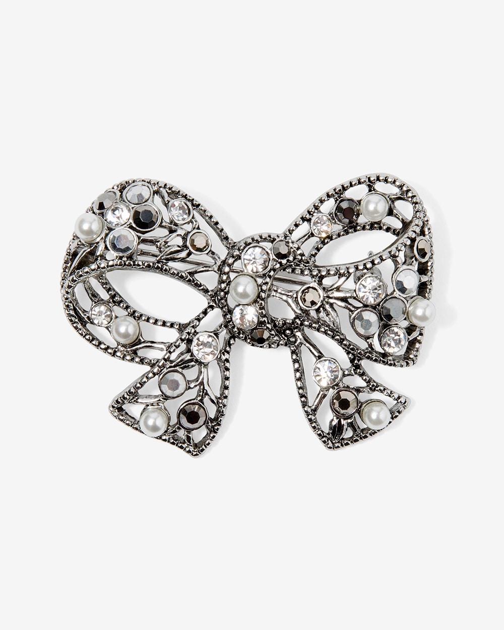 Faux-Pearl And Pave Bow Pin