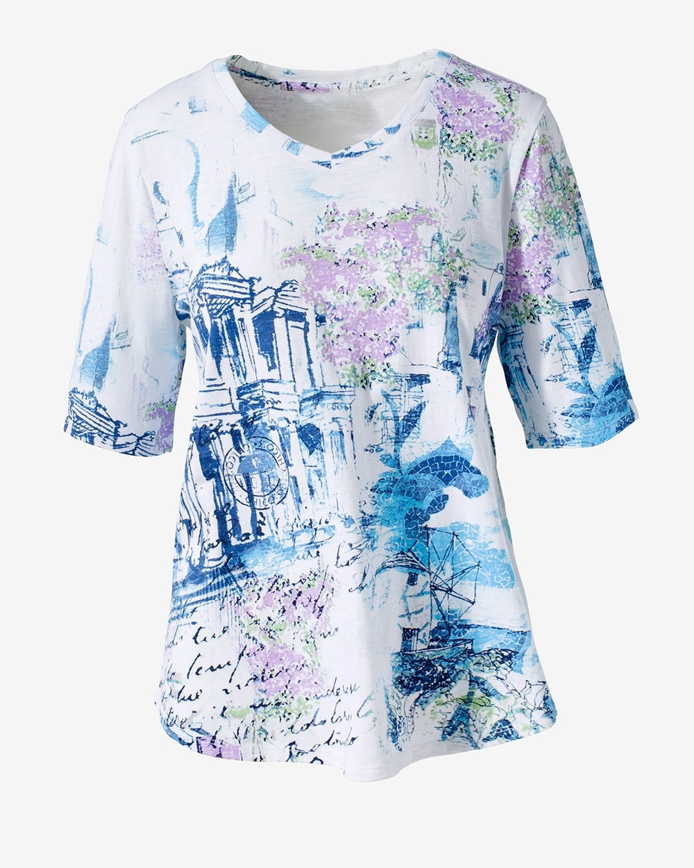 Weekends Printed Travels Soft V-Neck Tee