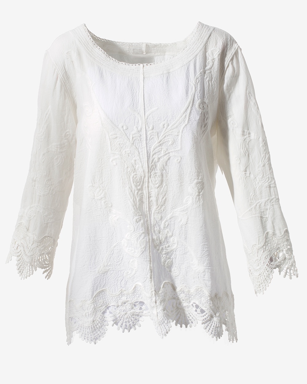 Artisanal Embroidery 3/4-Sleeve Pullover Top