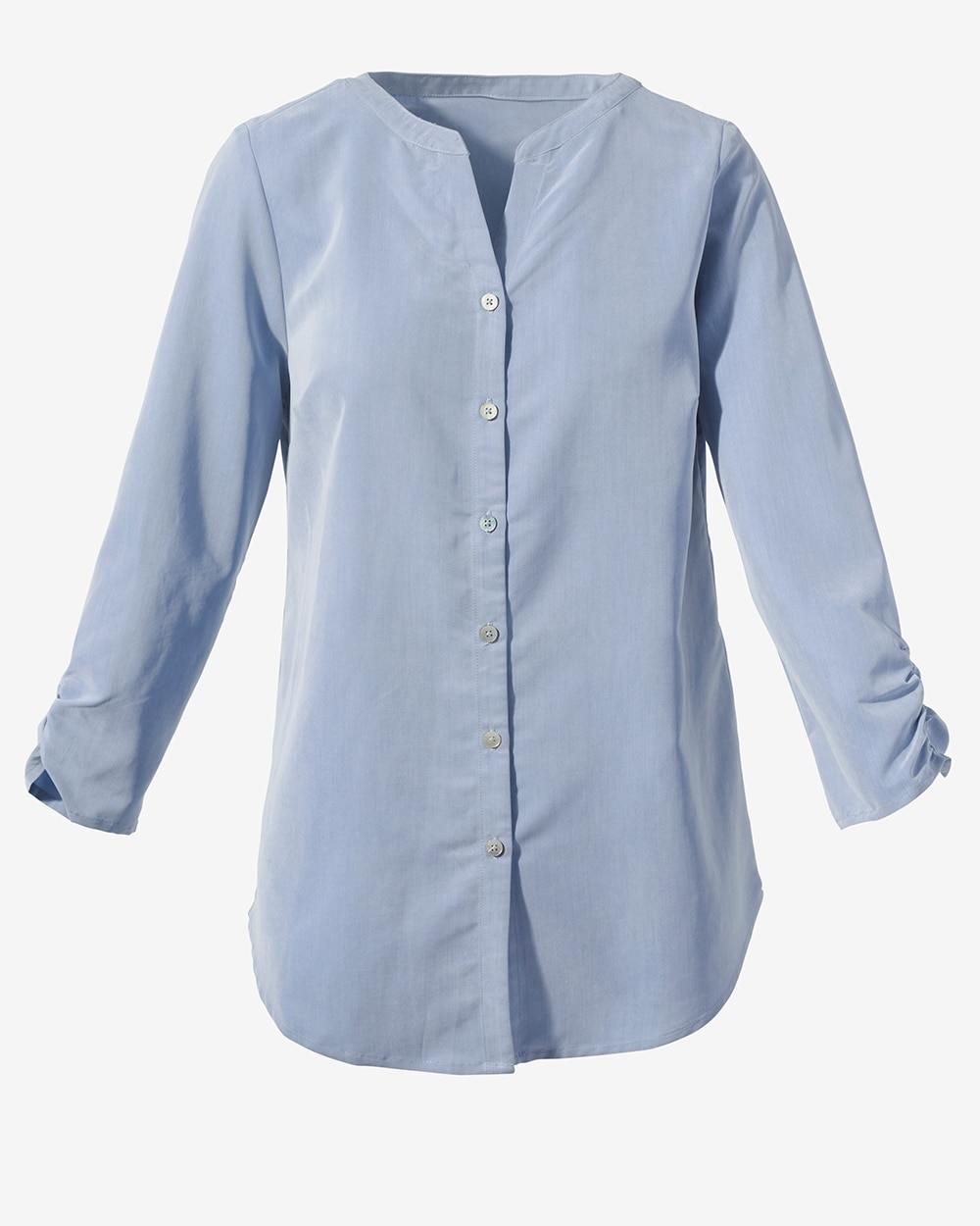 Chambray Shine Ruched-Sleeve Top