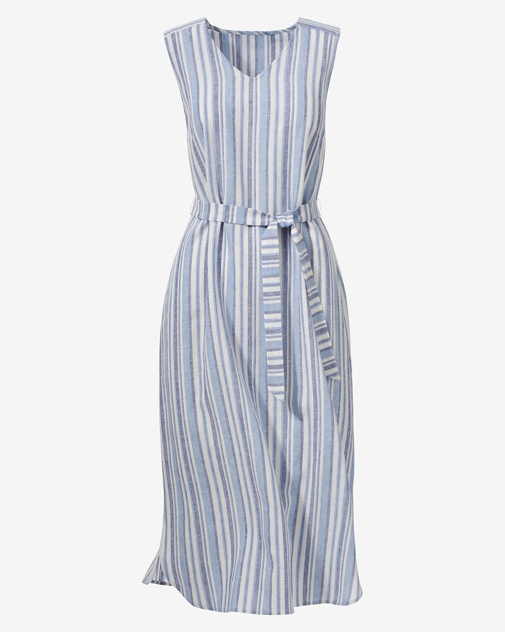 Linen Stripes V-Neck Midi Dress