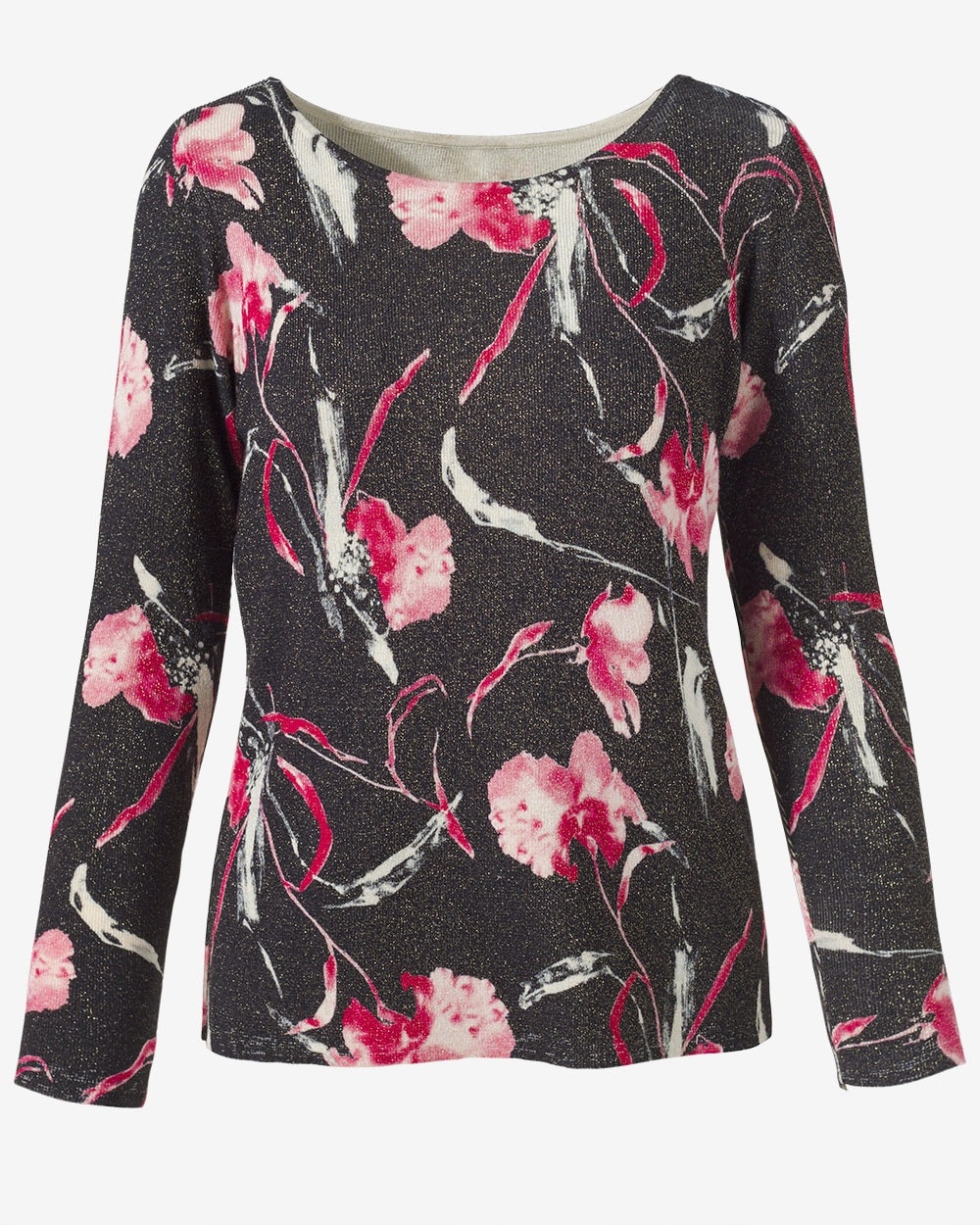 Abstract Floral Shimmer Boat-Neck Pullover