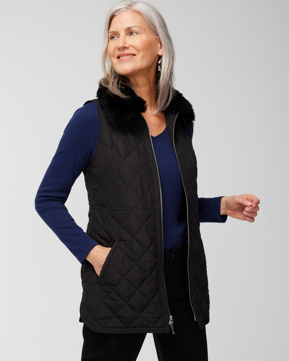 Removable Faux-Fur Collar Quilted Vest