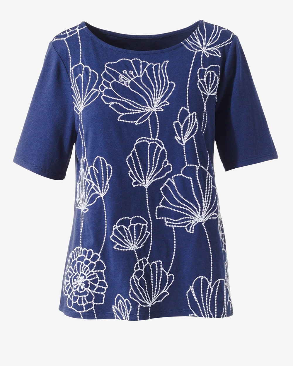 Floral Embroidery Boat-Neck Tee