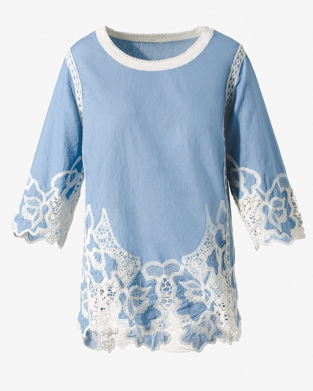 Feather Chambray 3/4-Sleeve Scallop-Hem Top