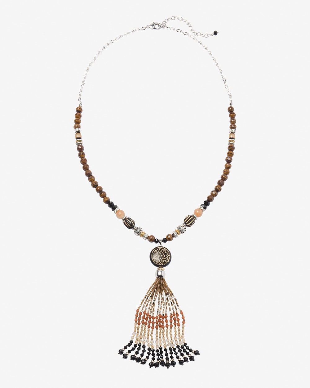 Black-And-Neutral Beaded Tassel Necklace