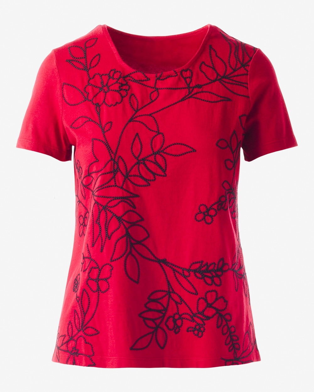 Floral Embroidery Scoop-Neck Tee