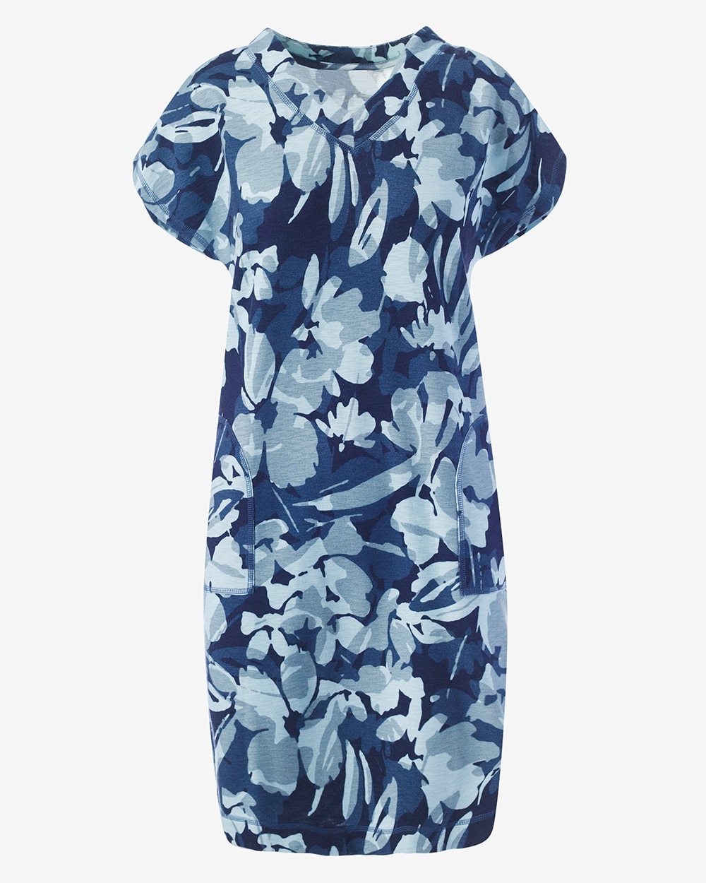 Blue Floral V-Neck Knee-Length Dress