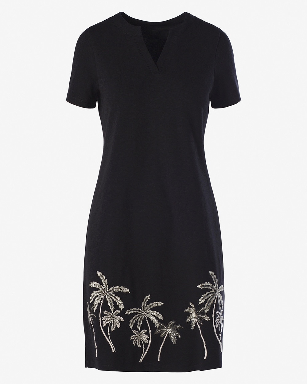 Embroidered Tropics Notch-Neck Knee-Length Dress