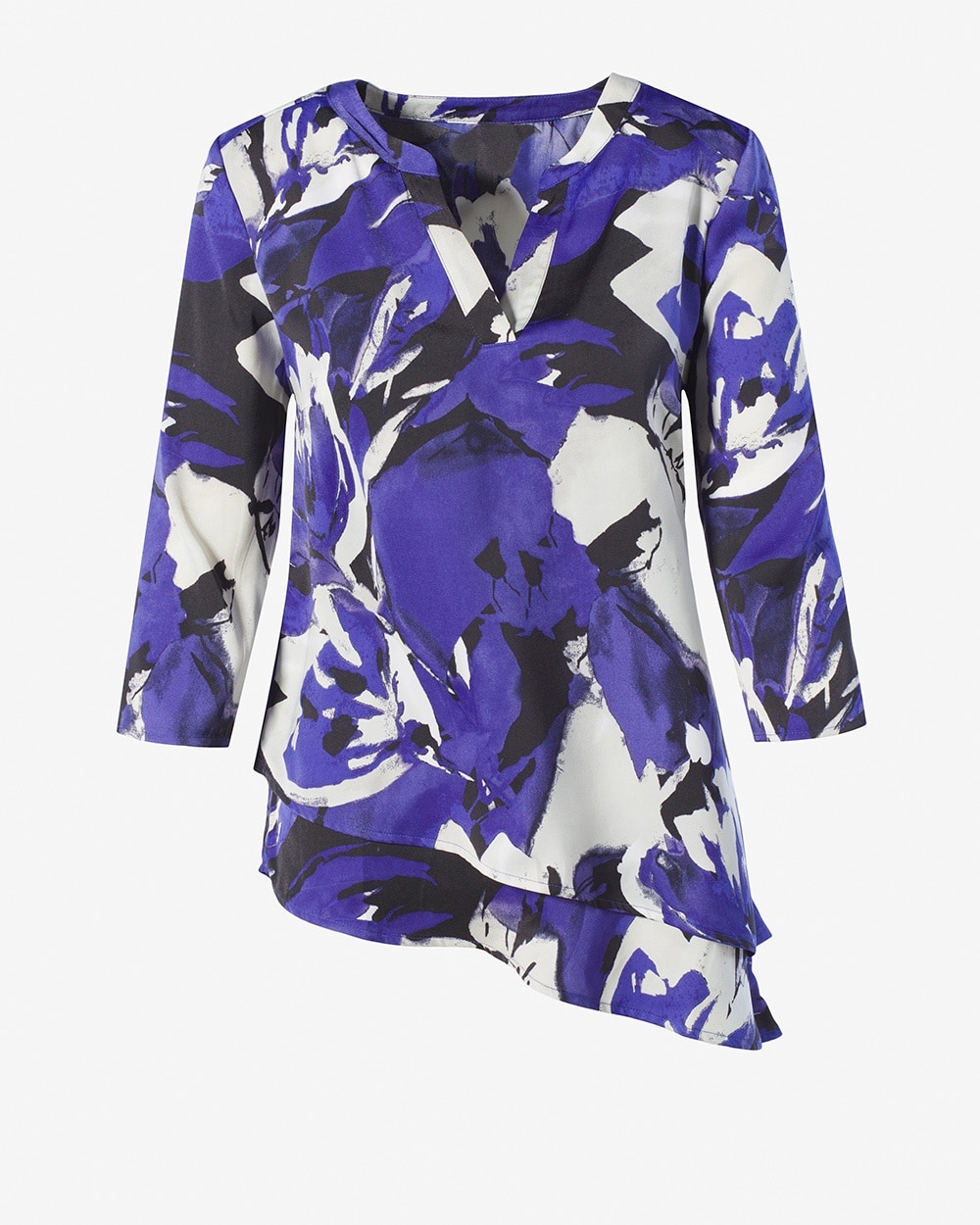 Abstract Water Floral Asymmetrical Hem Double Layer Popover Top