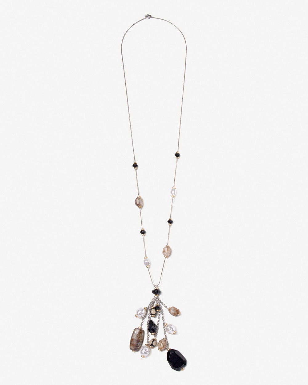 Black + Faux Pearl Adjustable Tassel Necklace
