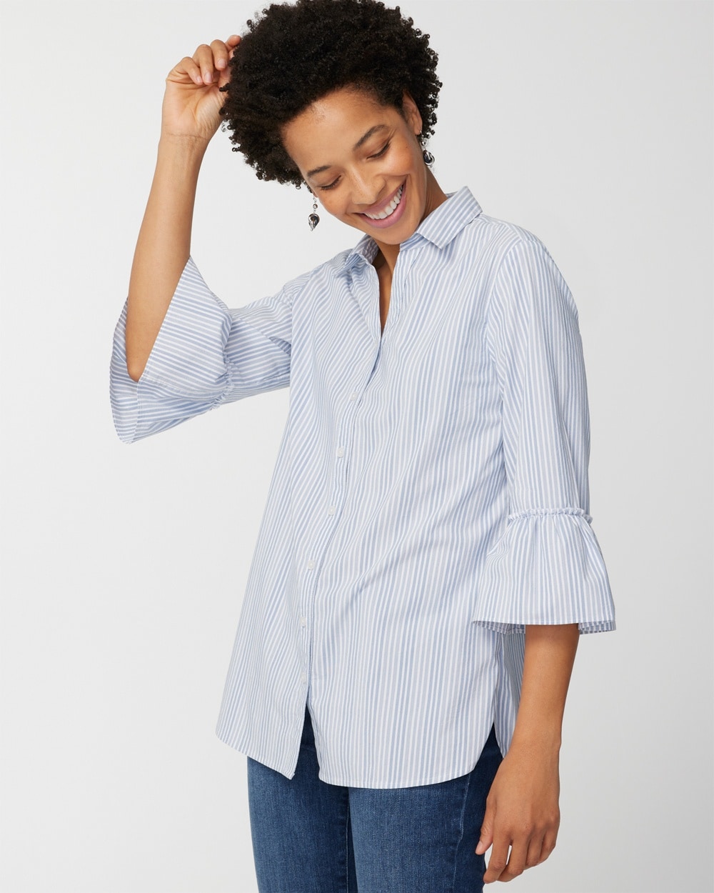 Marin Co. Stripe Ruffle-Sleeve Button-Front Top