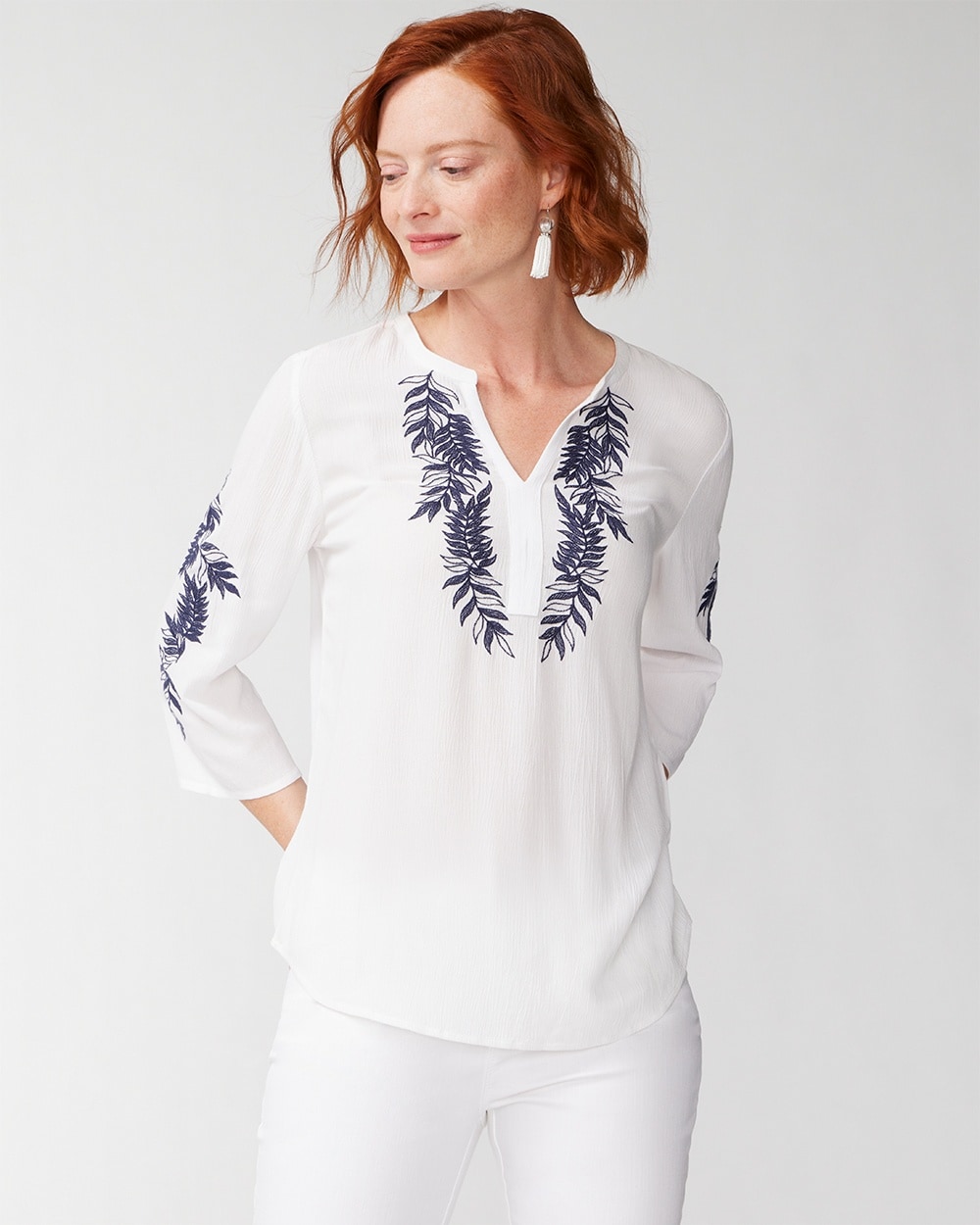 Embroidered Palm Popover Top