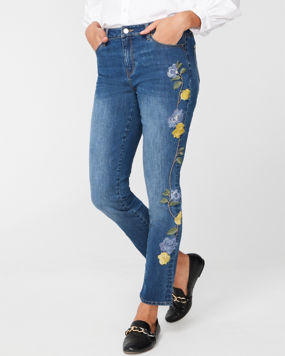 Floral Embroidery Girlfriend Ankle Jeans