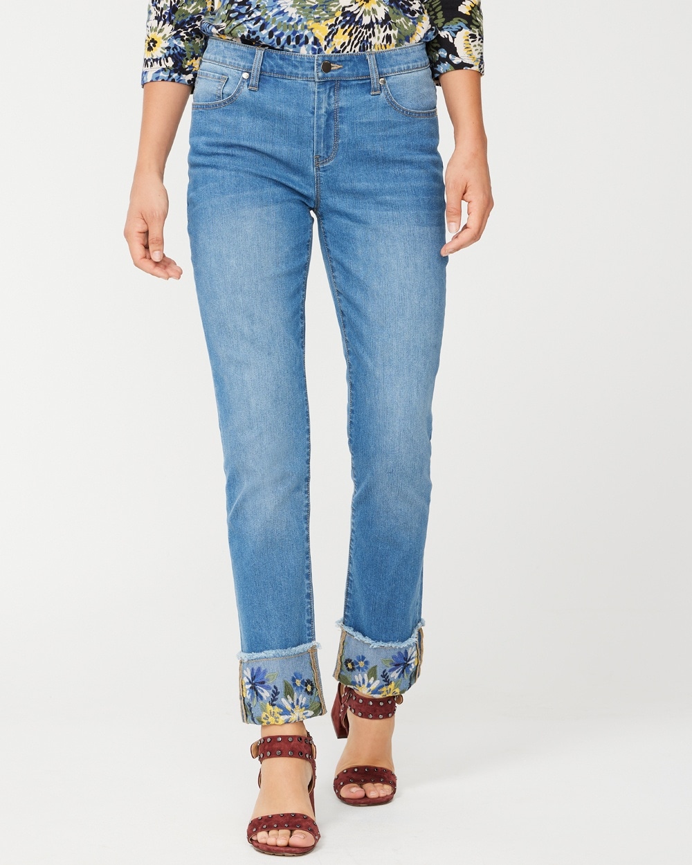 Embroidered Cuff Girlfriend Ankle Jeans