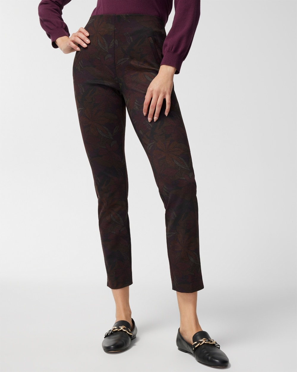 Pacific Floral Ponte Pull-On Slim Ankle Pants
