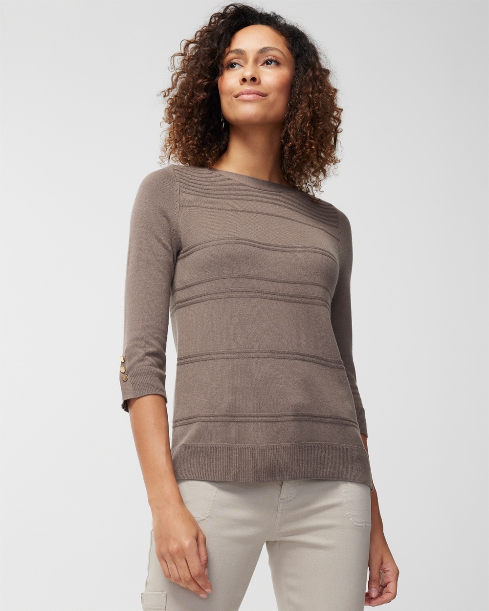 Touch of Cashmere Stripe Button-Cuff Pullover Sweater