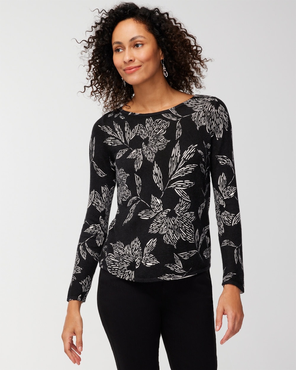 Touch of Cashmere Darting Floral Boat-Neck Sweater