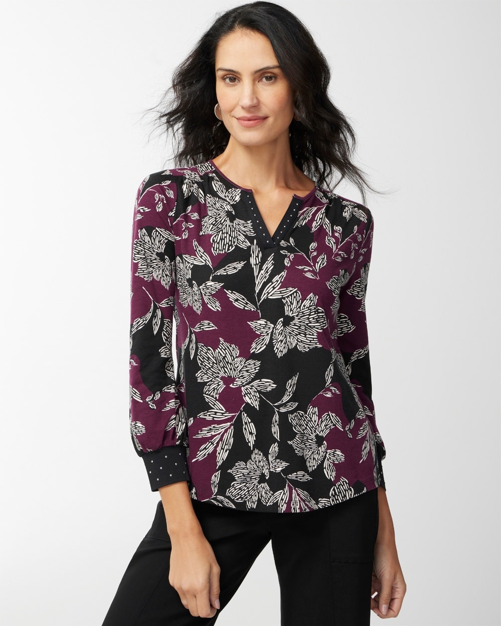 Darting Floral Notch-Neck Top