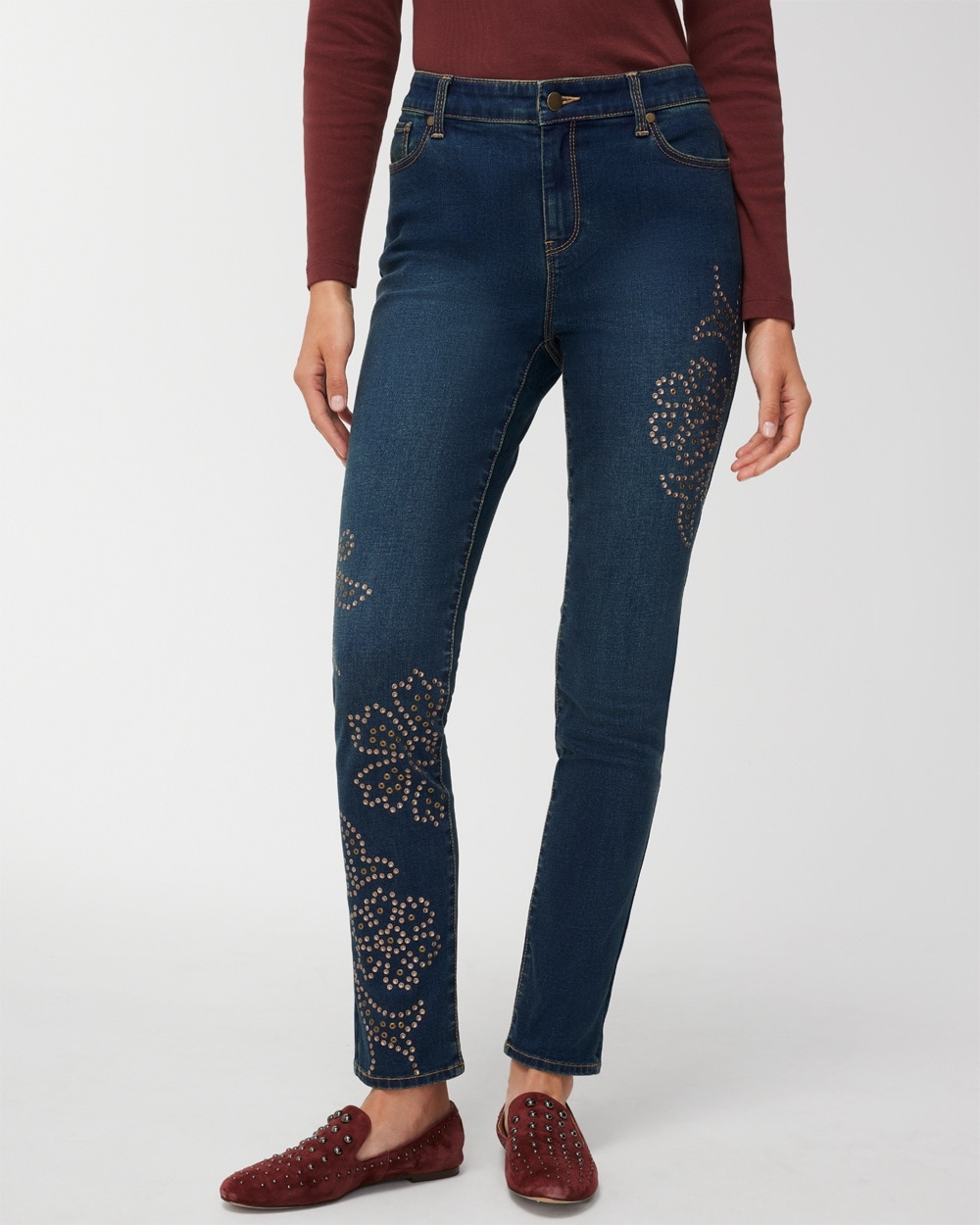 Stud Embellished Perfect Stretch Girlfriend Ankle Jeans