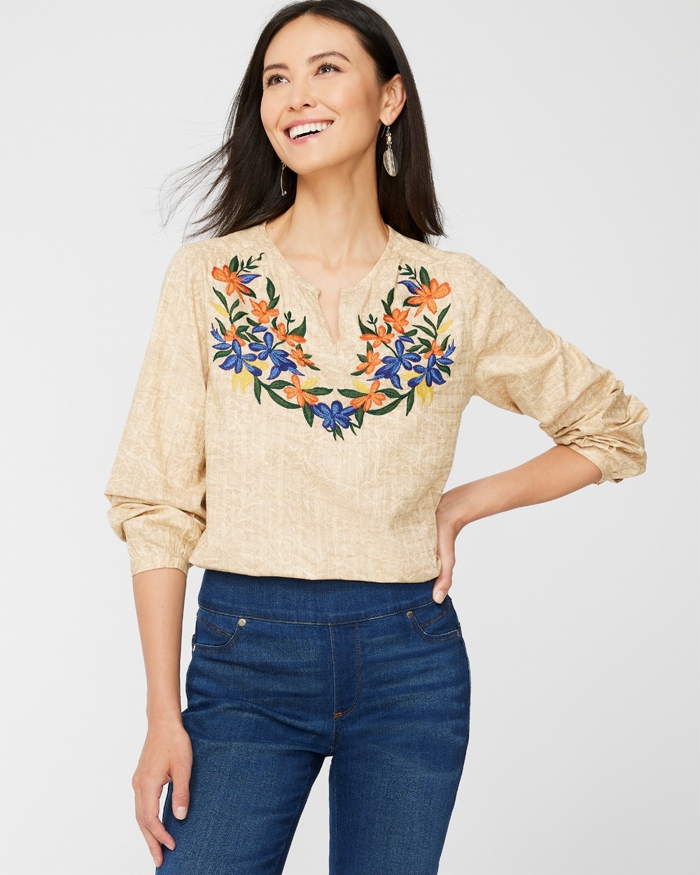 Crackle Wash Embroidered Popover Top