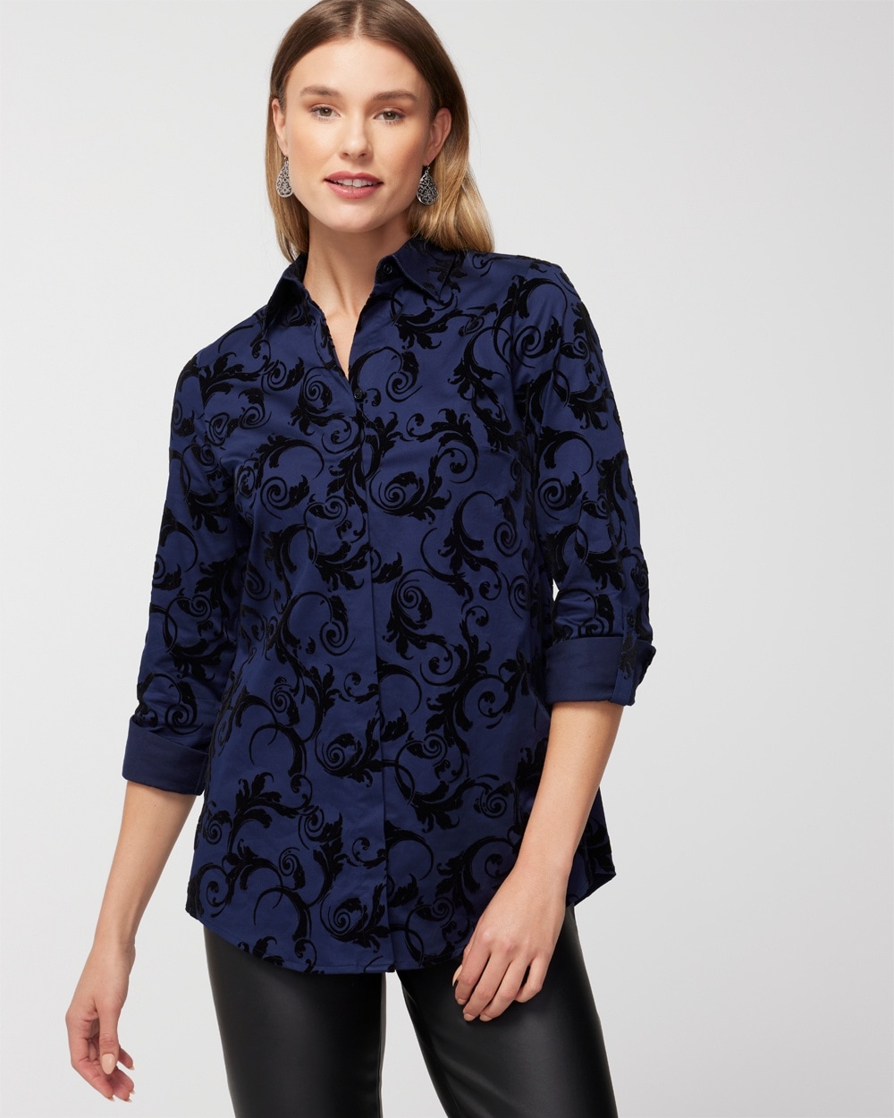 Inspired Scroll Flocked Button-Down Shirt