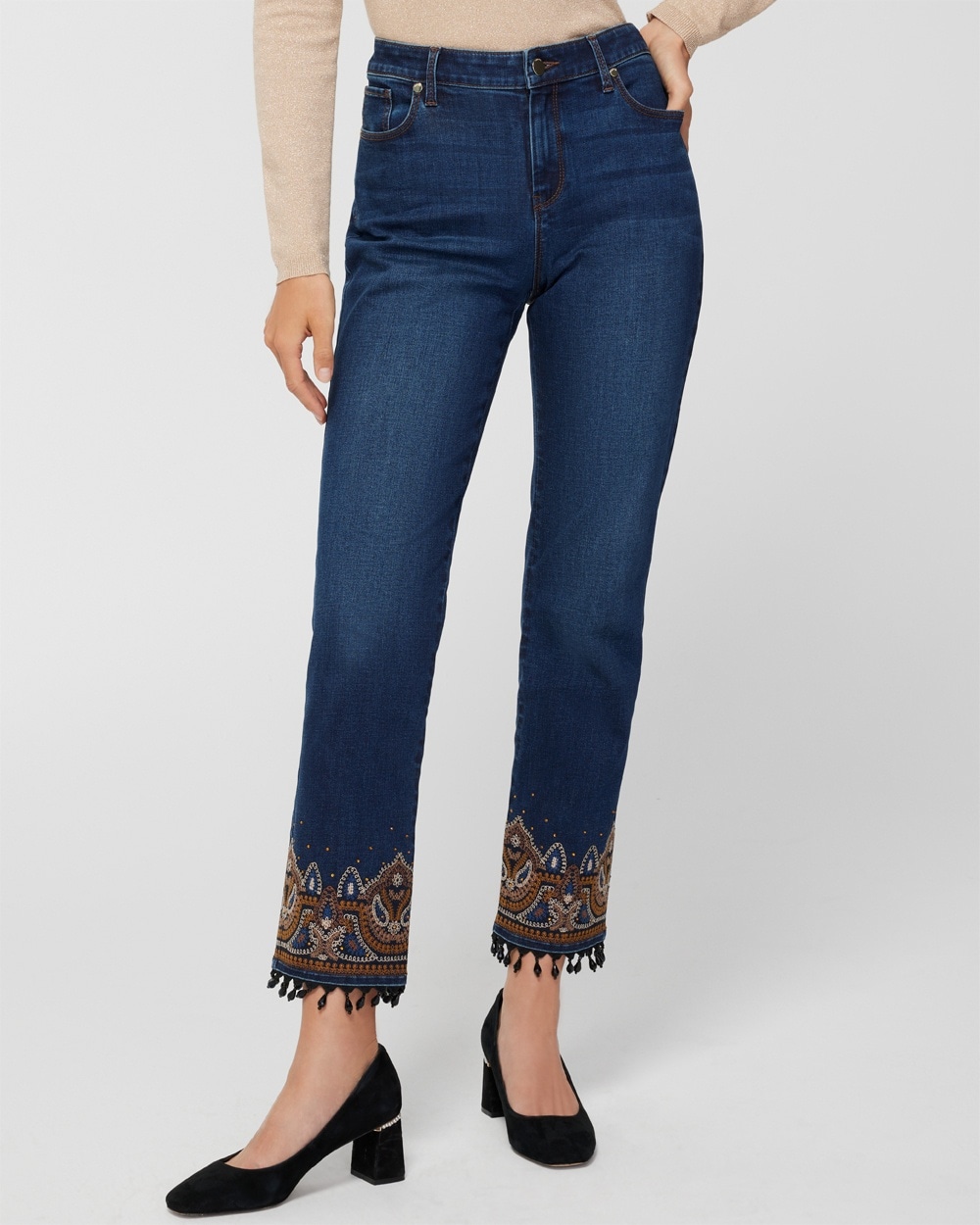Embroidered Beaded Fringe Girlfriend Ankle Jeans