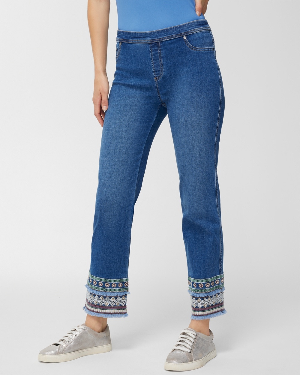 Embroidered Fray Pull-On Girlfriend Ankle Jeans