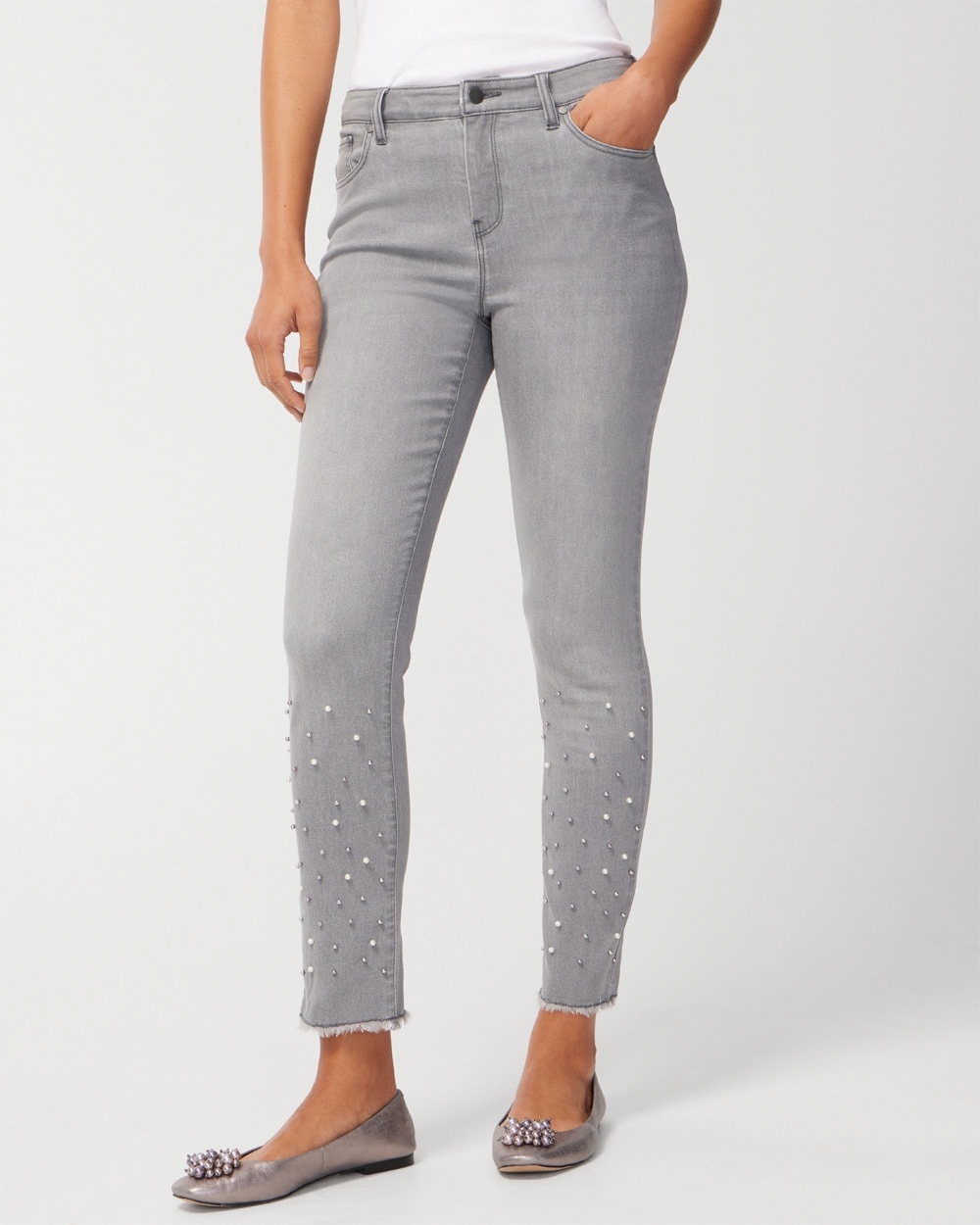 Perfect Stretch Mixed Faux Pearl Girlfriend Ankle Jeans