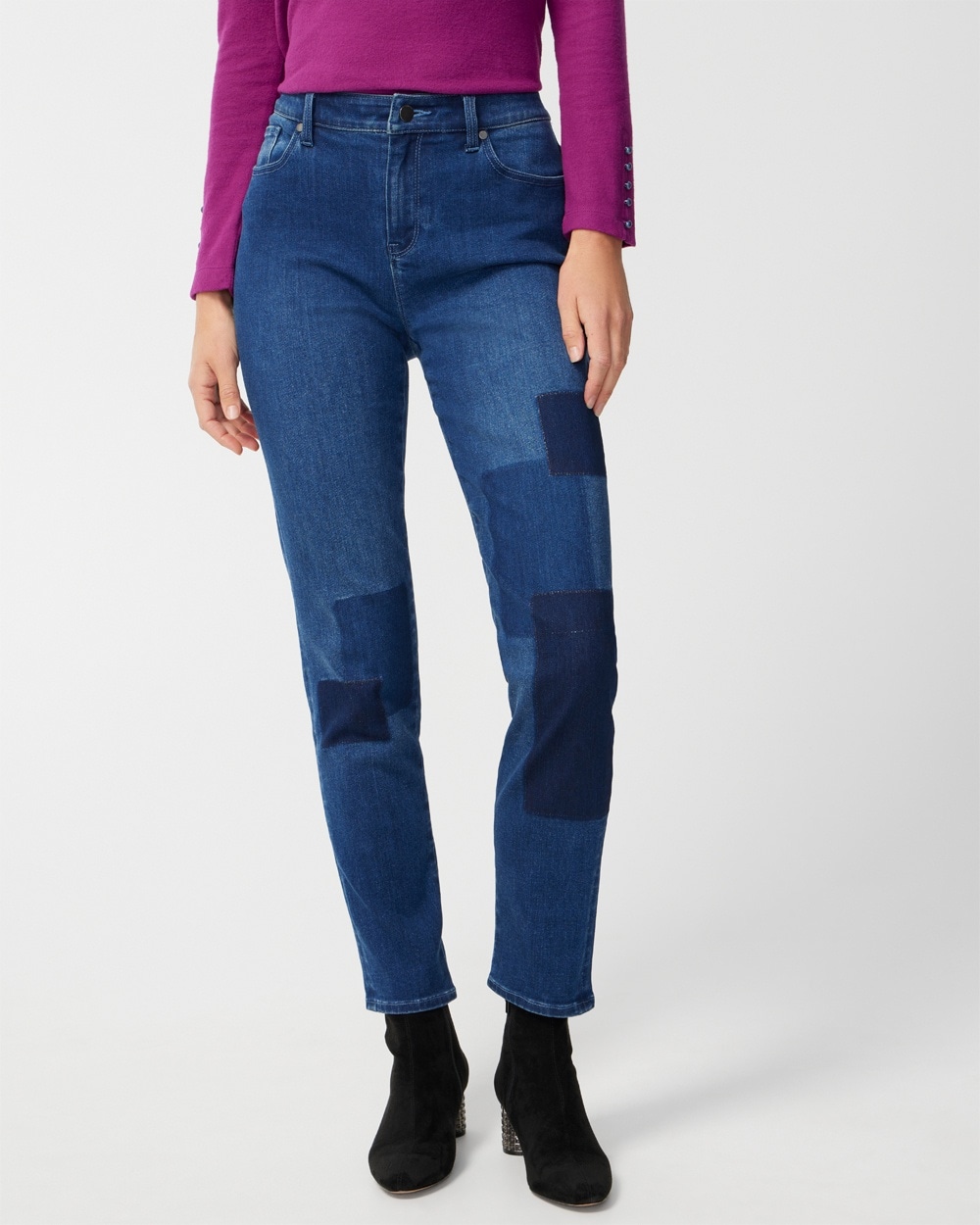 Perfect Stretch Laser-Print Patch Girlfriend Ankle Jeans