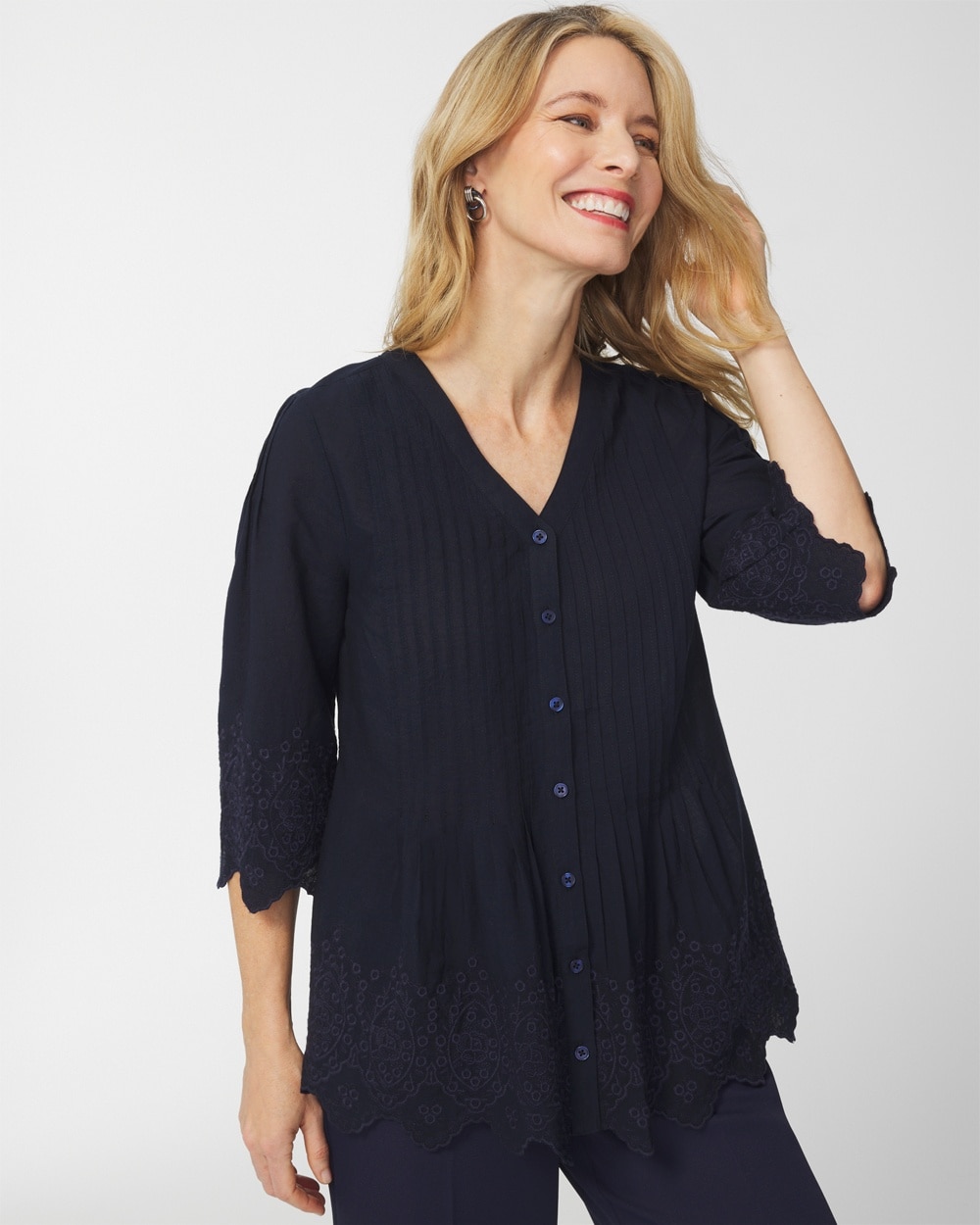 Pleated Embroidered Wide-Sleeve Shirt
