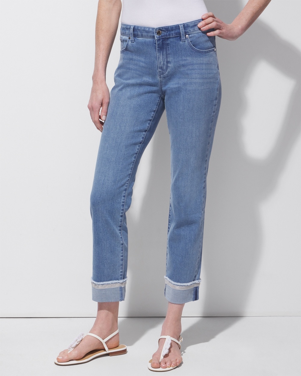 Shimmer-Trim Girlfriend Ankle Jeans