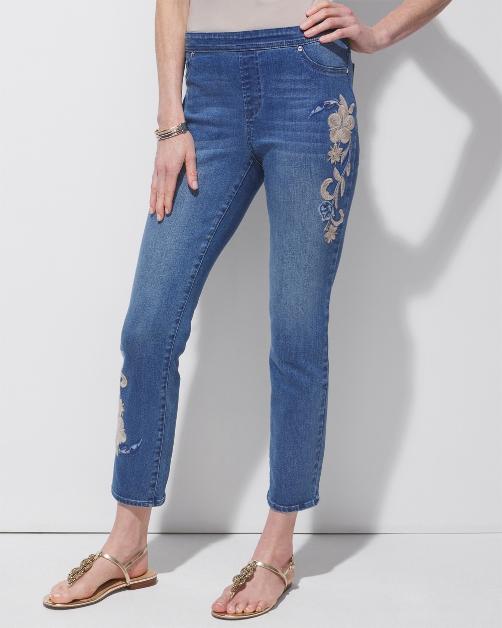 Texture Embellished Girlfriend Ankle Jeans