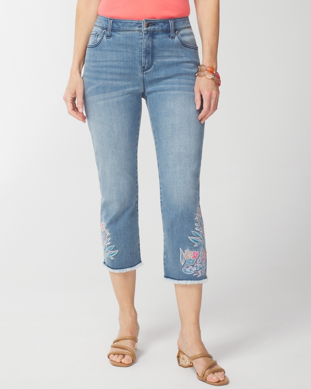 Embroidered Fray-Hem Girlfriend Capri Jeans