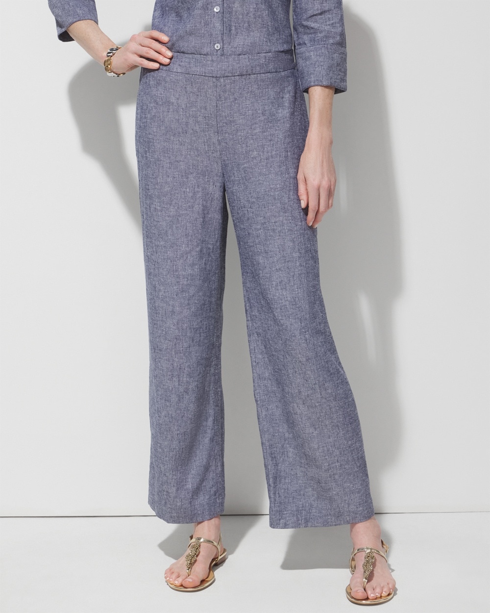 Crossdyed Blue Linen-Blend Pull-On Ankle Pants